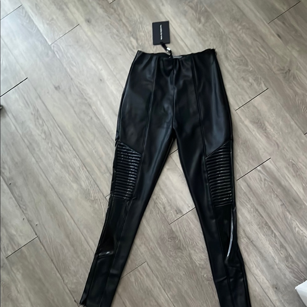 Black Faux Leather Pants with Ribbed Detail